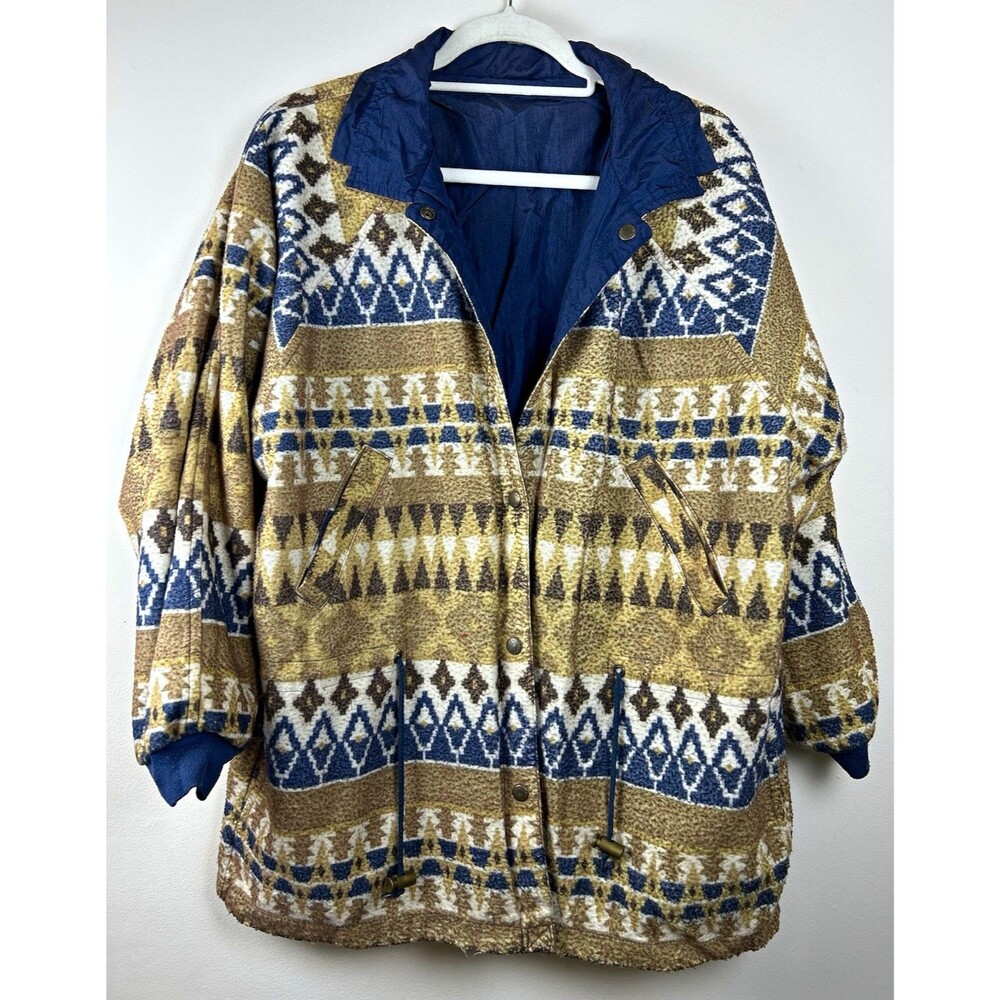 Vintage Casual Club Reversible M Coat Geometric Gorpcore Boho Nylon Aztec Fleece